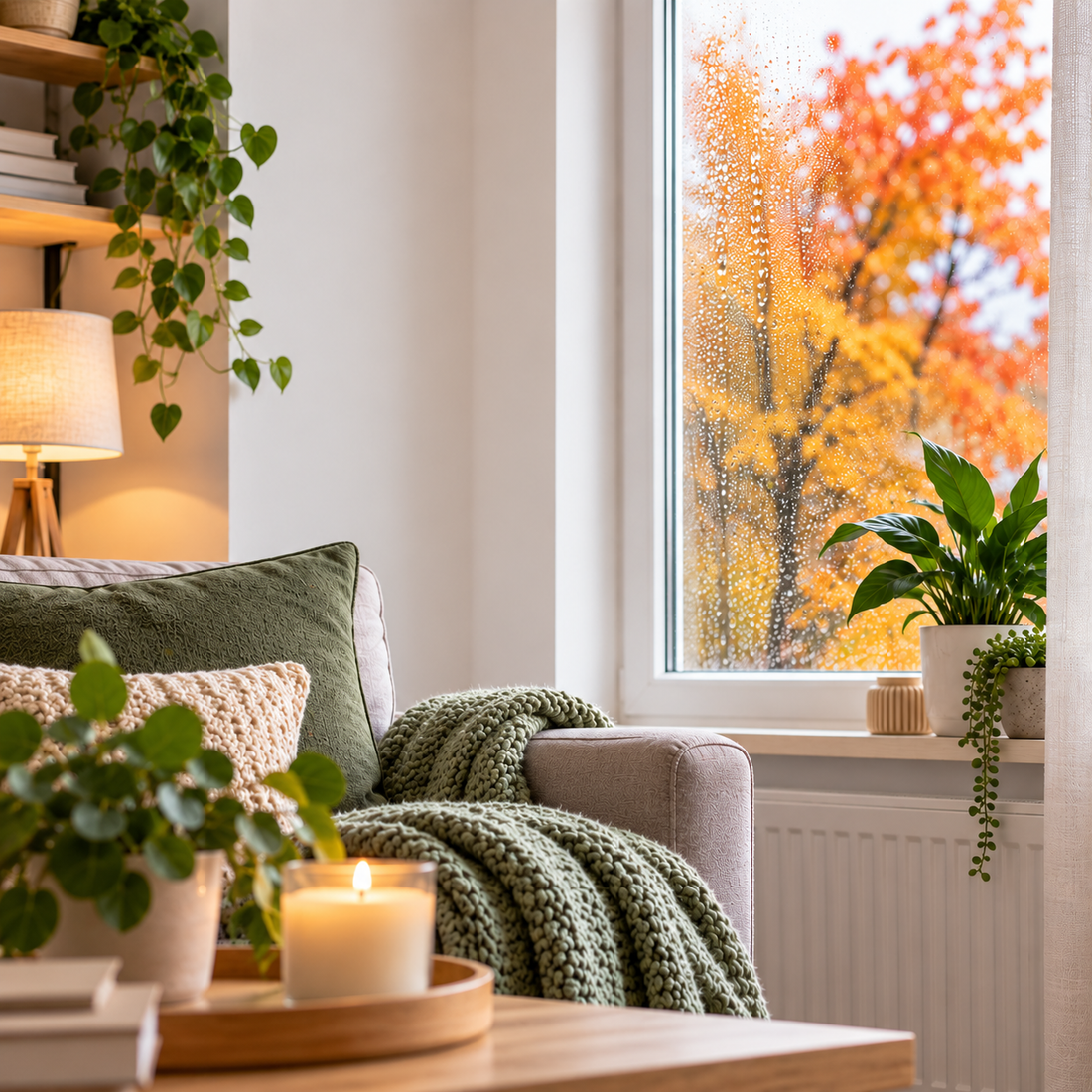 Salón acogedor en otoño con ventana mojada por la lluvia, manta de punto y vela encendida