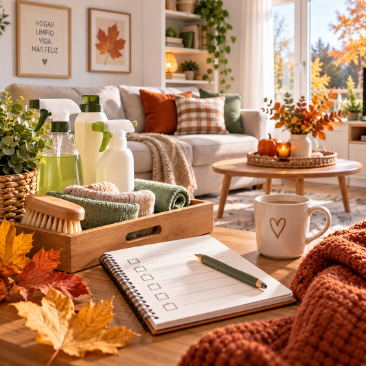 Productos de limpieza, bayetas y lista de tareas sobre la mesa de un salón decorado en otoño