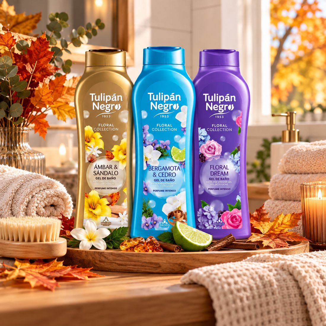 Geles de baño Tulipán Negro Ámbar & Sándalo, Bergamota & Cedro y Floral Dream con hojas de otoño