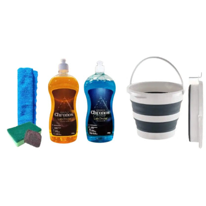 SET CUBO PLEGABLE + 2 CHRONOS A ELEGIR + BAYETA MICROF. + ESTOPAJO CON ESPONJA + JABONOSO limpiaybrilla.es