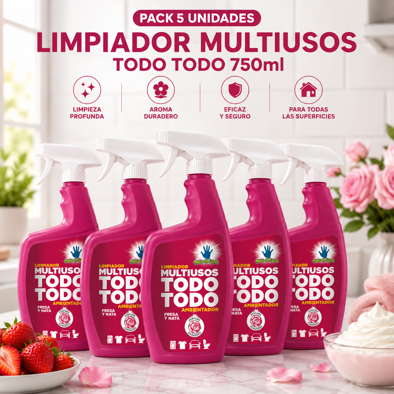 Mano de Santo Limpiador Multiusos Todo Todo Ambientador Fresa y Nata - Pack 5 unidades