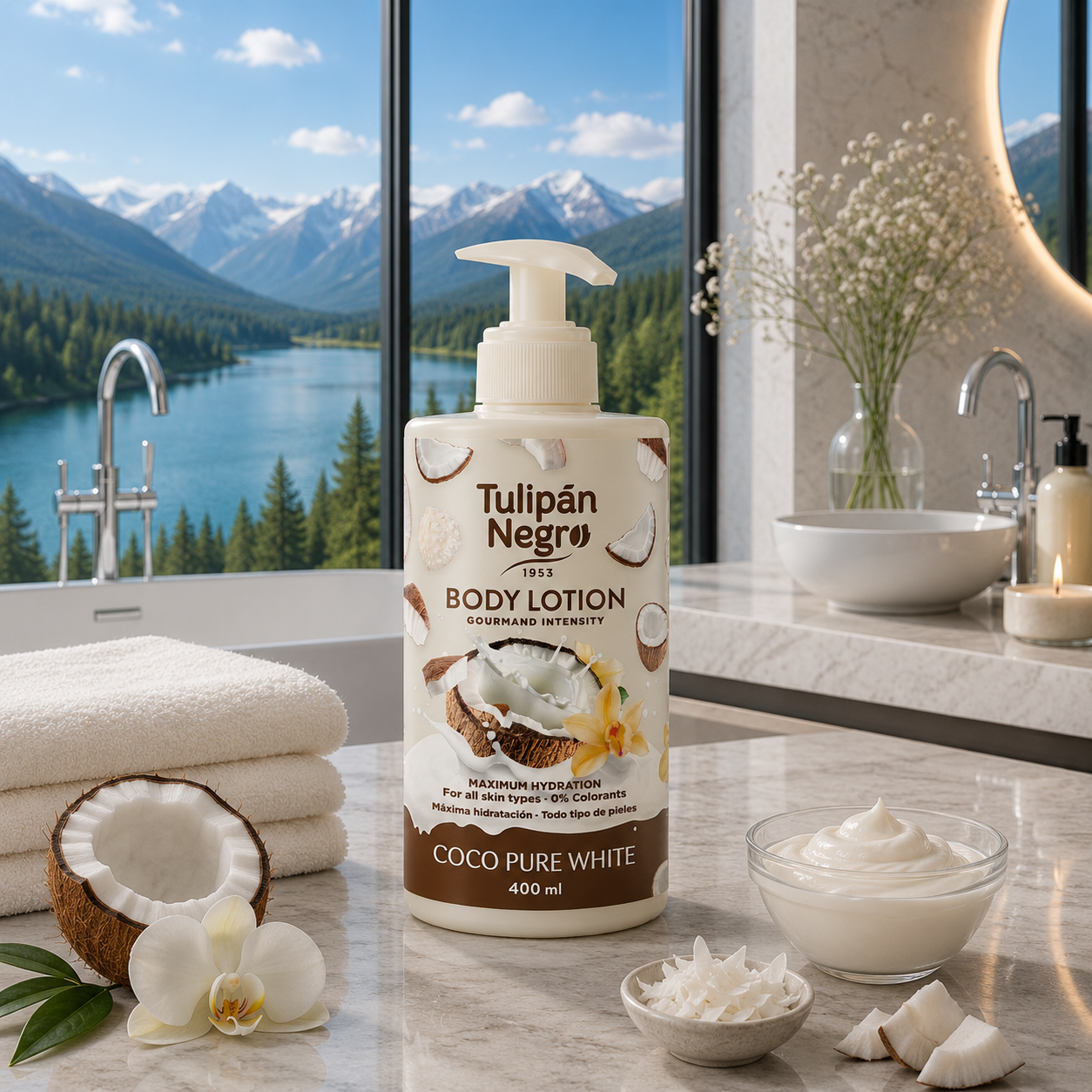Tulipán Negro – Loción Corporal Coco Pure White (400 ml) Limpia y brilla