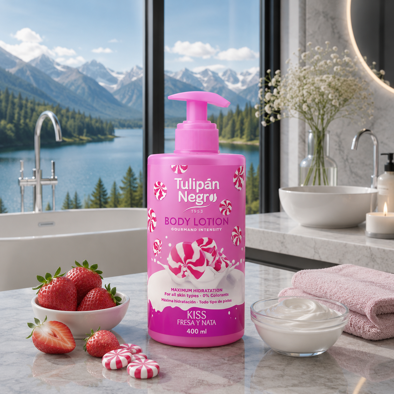Tulipán Negro – Body Lotion Kiss Fresa y Nata (400 ml) Limpia y brilla