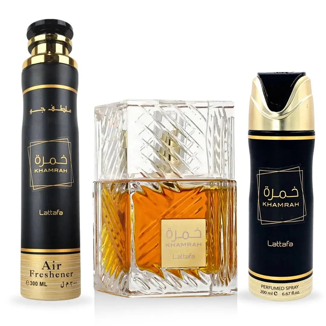 Lattafa – Khamrah Gift Set (3 piezas, 100 ml) Limpia y brilla