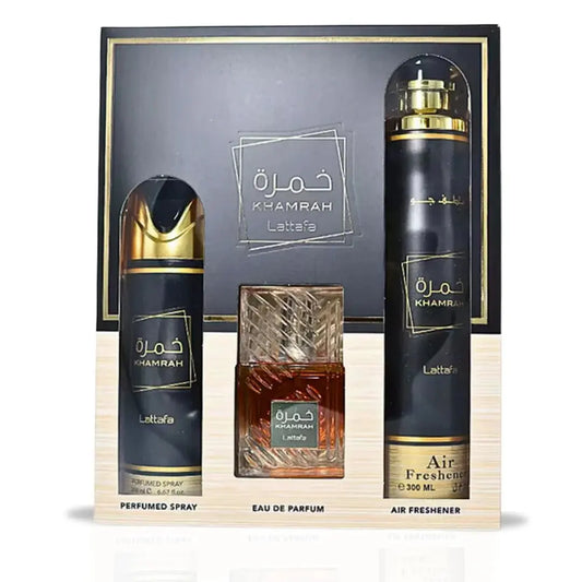Lattafa – Khamrah Gift Set (3 piezas, 100 ml) Limpia y brilla